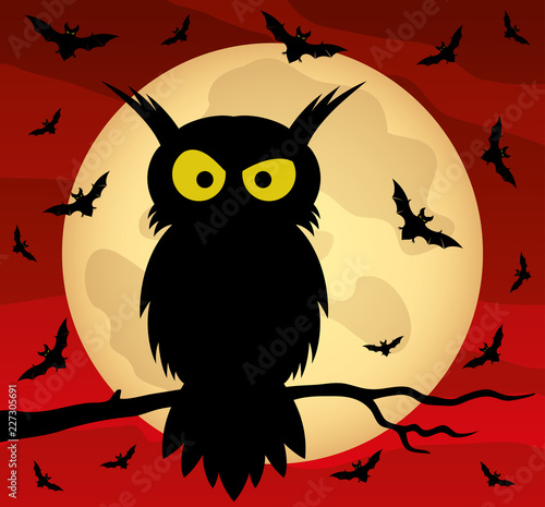 Owl on a tree branch and bats on the background of the moon. photo