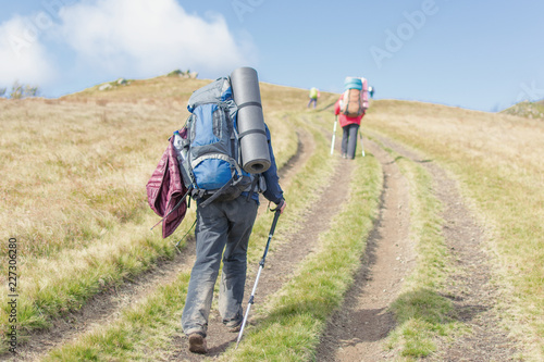 Wallpaper Mural Woman with a large backpack with walking sticks in a hike in the mountains. Torontodigital.ca