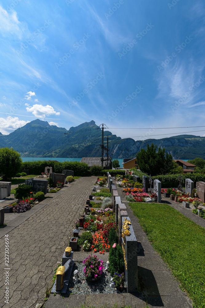 View on Lucerne Lake from cemetery in Sisikon village, Canton of Uri, Switzerland