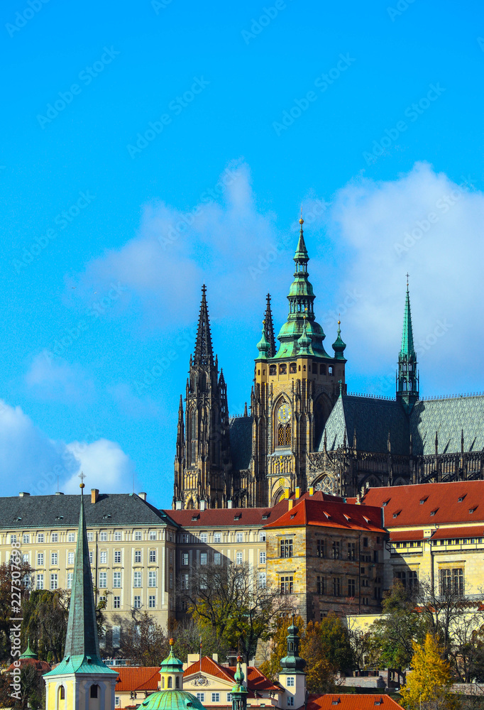 Czech, Prague Castle, St. Vitus Cathedral gothic building architecture. Prague city landscape view, sunny day.
