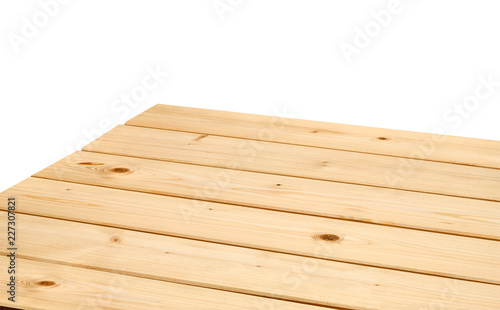 Perspective view of empty wooden table on white background including clipping path