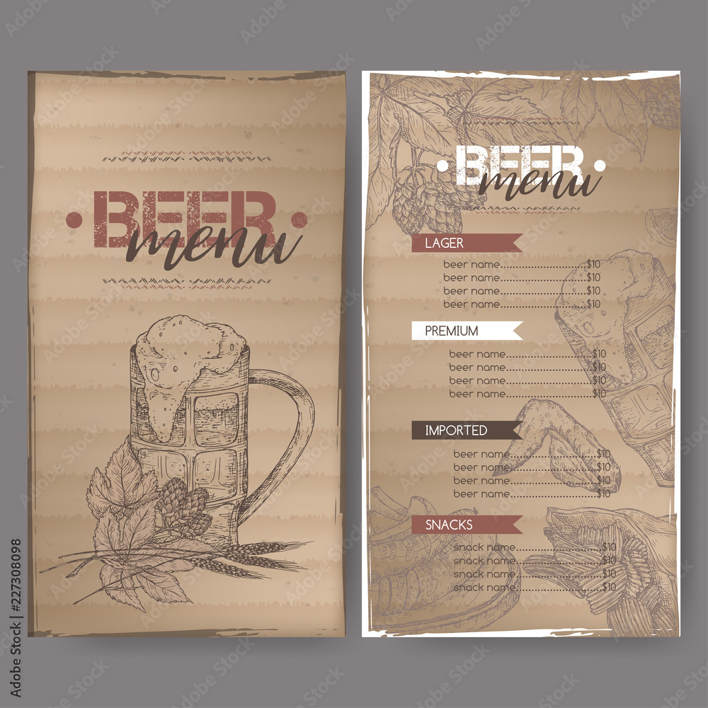 Beer menu template with beer mug, hop branch, wheat, chips, nuts, chicken wings and snack plate.