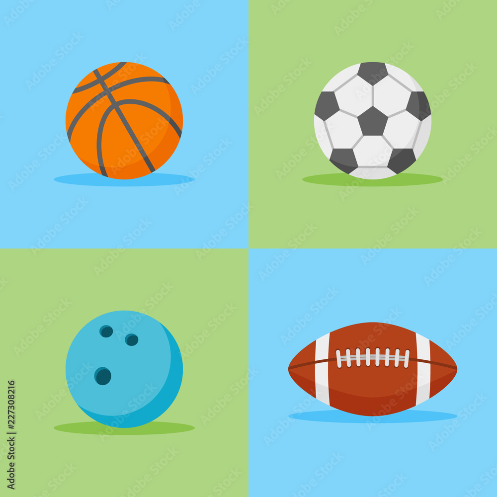 Set of sports balls flat style icons. Basketball, football, soccer and bowling balls. Vector illustration.