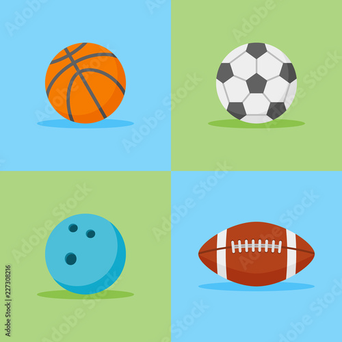 Set of sports balls flat style icons. Basketball  football  soccer and bowling balls. Vector illustration.