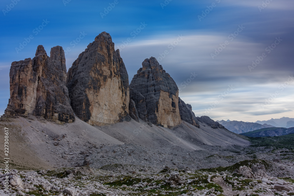 Tre Cime di Lavaredo rocks at sunset ultra long exposure