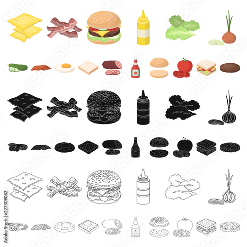 Burger and ingredients cartoon icons in set collection for design. Burger cooking vector symbol stock web illustration.