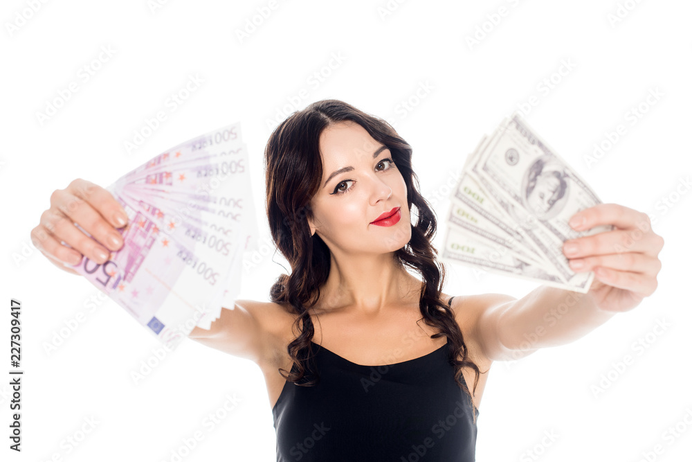 portrait of young woman showing dollar and euro banknotes in hands isolated on white portrait of young woman showing dollar and euro banknotes in hands isolated on white