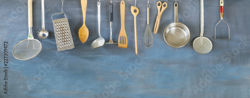 Kitchen utensils for commercial kitchen, restaurant cooking, food and drink, kitchen concept.