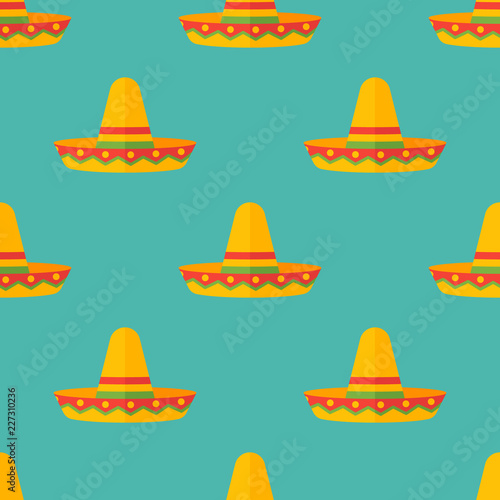 Seamless pattern with mexican sombrero hats on teal background. Vector texture.