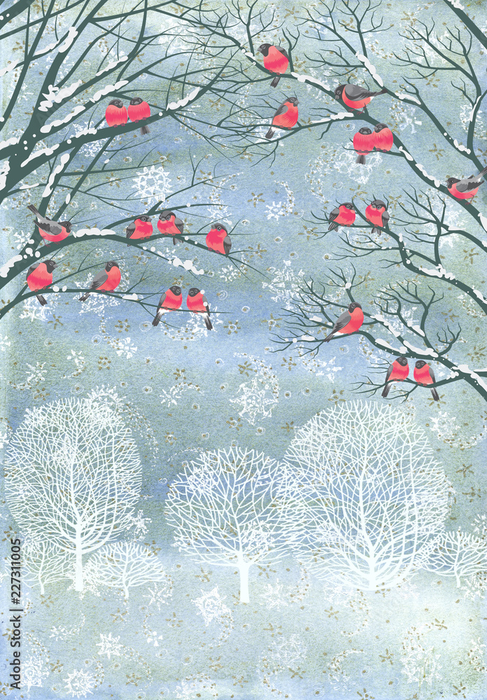 Naklejka premium Composition from watercolor background with snowflakes and vector flock of bullfinches perching on the branches of a trees