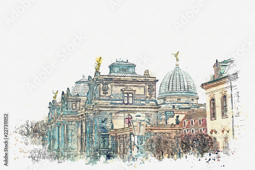 A watercolor sketch or illustration. Palace Albertinum or a gallery of new masters or an art gallery in Dresden in Germany. The building was built in the 16th century. photo