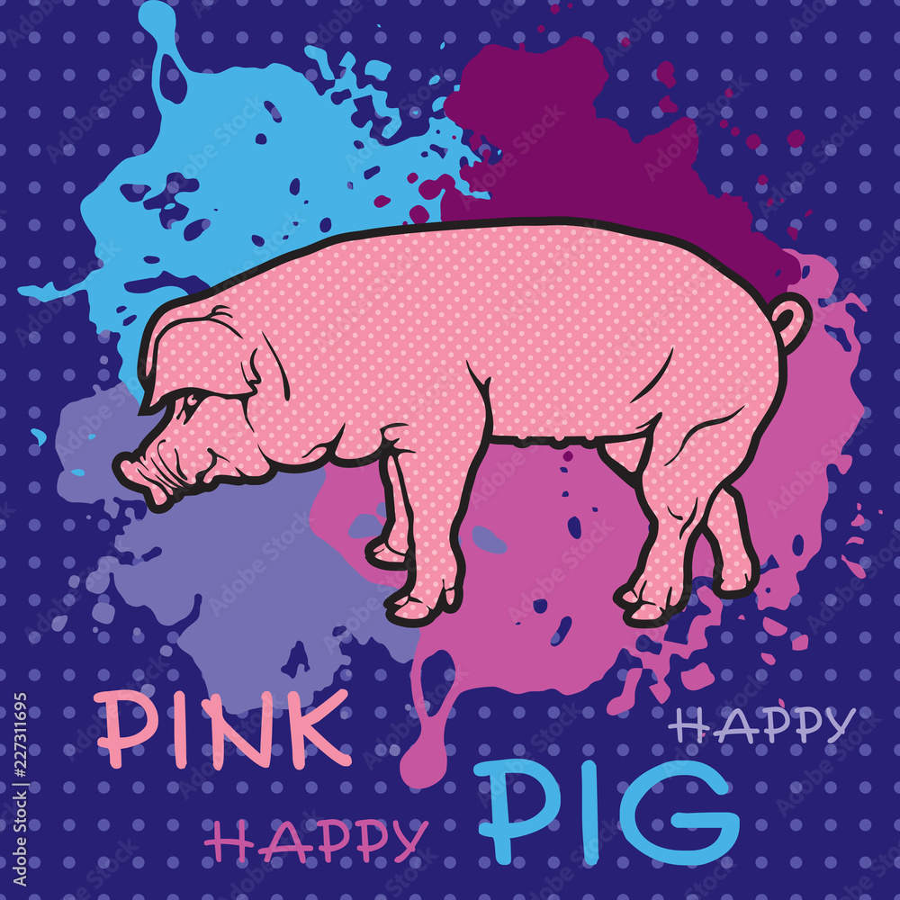 Pig and colored spot - vector seamless background. Graphic illustration is a sample of design element and pattern for wallpaper or fabric.