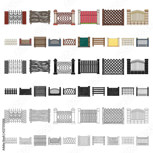 Different fence cartoon icons in set collection for design.Decorative fencing vector symbol stock web illustration.