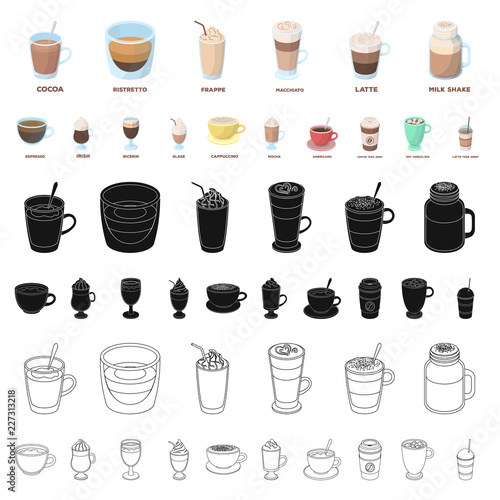 Different kinds of coffee cartoon icons in set collection for design. Coffee drink vector symbol stock web illustration.