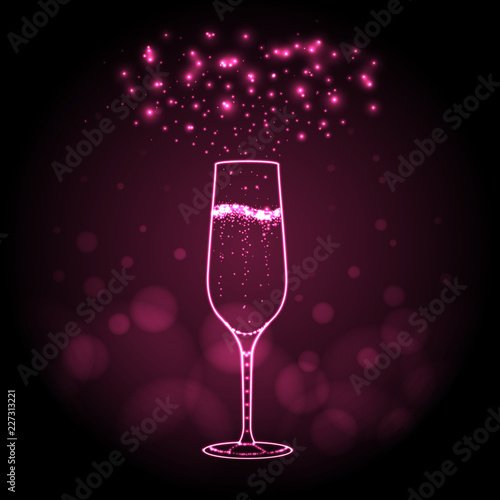 Neon sign of champage glass on pink background. Champagne silhouette photo