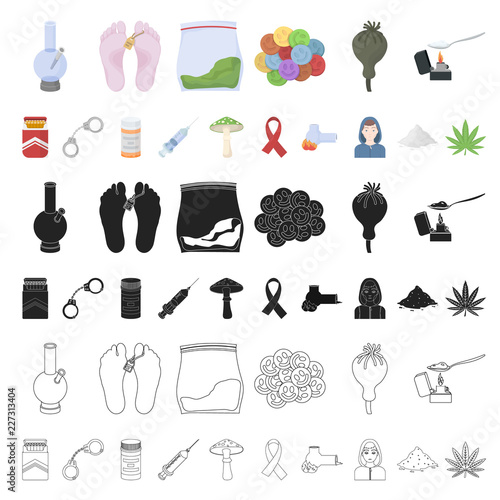 Drug addiction and attributes cartoon icons in set collection for design. Addict and Drug vector symbol stock web illustration.
