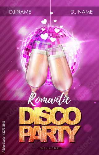 Happy valentines day disco party poster with champagne glasses.