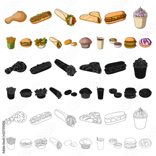 Fast food cartoon icons in set collection for design.Food from semi-finished products vector symbol stock web illustration.