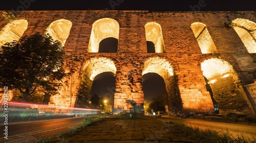 Popular Valenta Aqueduct in Instanbul. 4K Night Timelapse. photo