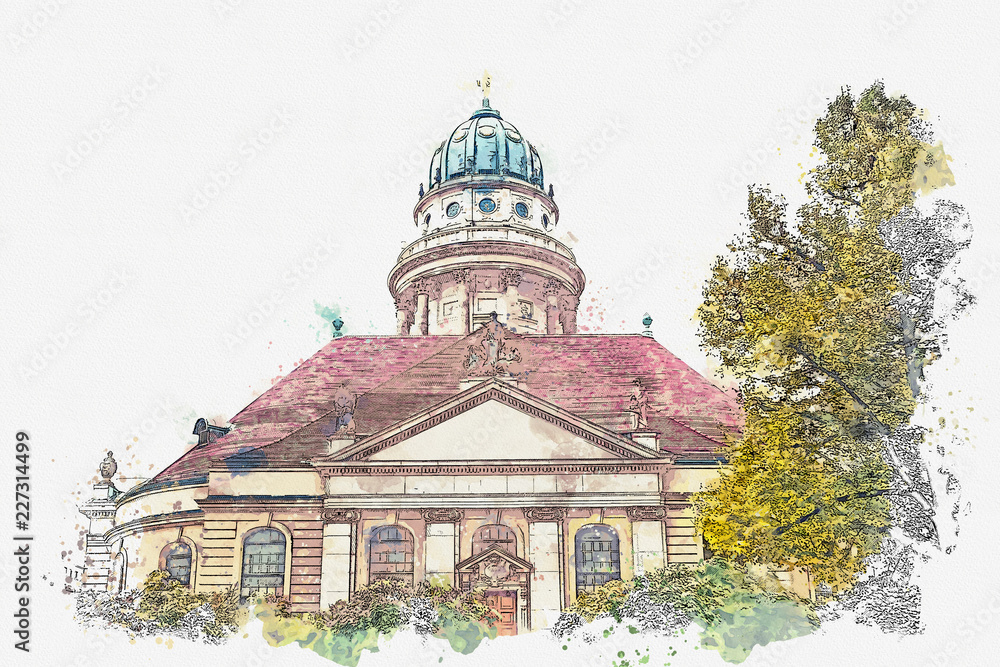 Obraz premium A watercolor sketch or an illustration. French Cathedral or Franzoesischer Dom in Berlin, Germany. Evangelic and Lutheran church of Germany and architecture monument or tourist sight