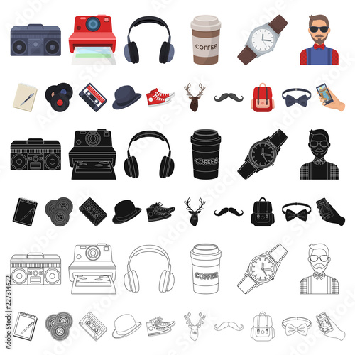 Style Hipster cartoon icons in set collection for design. Hipster Attributes and accessories vector symbol stock web illustration.