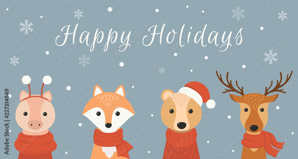 Winter banner with cute animals: deer, fox, bear, piggy. Merry christmas and happy new year. Vector illustration.