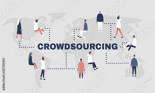 Crowdsourcing platform. World map. Millennial professionals. Project work. Flat editable vector illustration, clip art