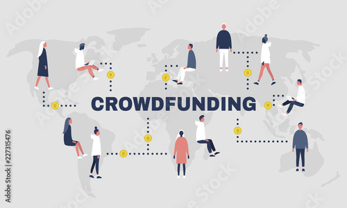 Crowdfunding platform. World map. Millennial backers. Money. Finance. Flat editable vector illustration, clip art