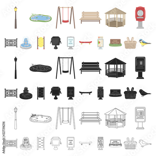 Park, equipment cartoon icons in set collection for design. Walking and rest vector symbol stock web illustration.