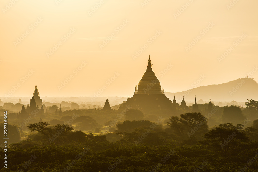 Old Bagan pagodas and temples at sunrise in Myanmar