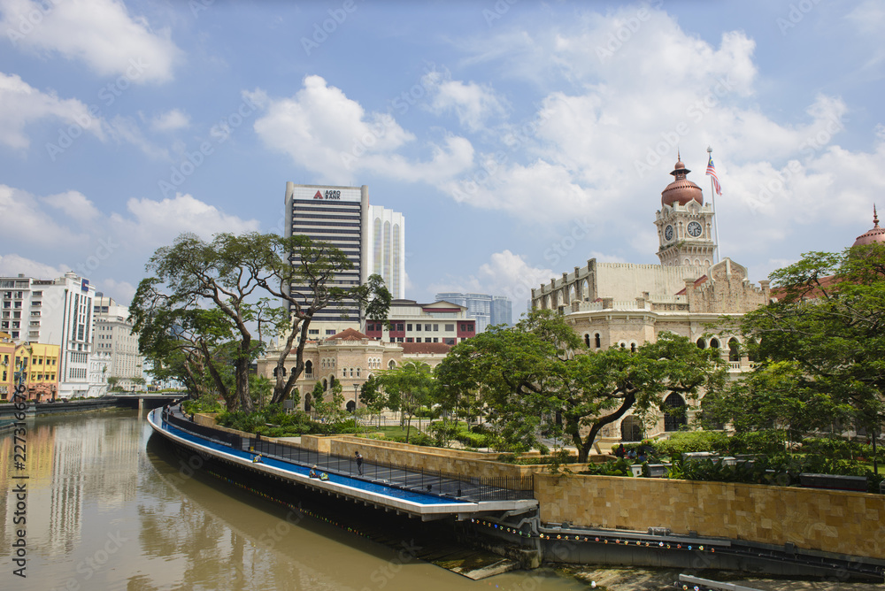 River view of city buildings and the Sultan Abdul Samad buildings