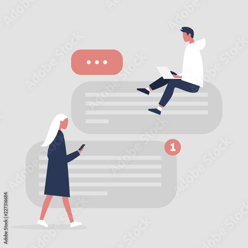Social media conversation. Text messenger interface. Young modern characters using a mobile app to communicate. Flat editable vector illustration, clip art