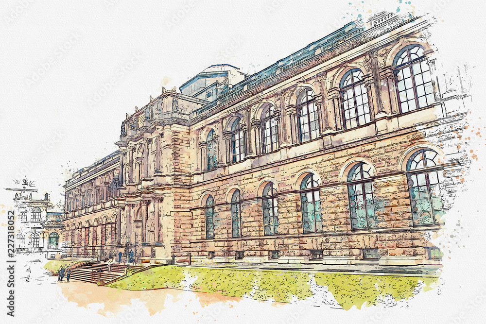 A watercolor sketch or illustration. Zwinger in Dresden in Germany.