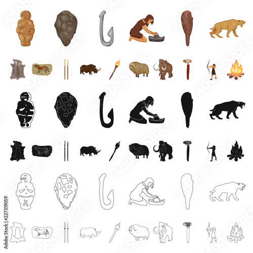 Life in the Stone Age cartoon icons in set collection for design. Ancient people vector symbol stock web illustration.