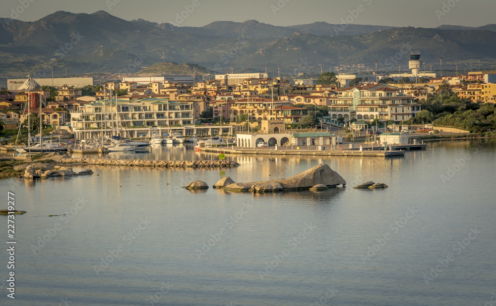 Olbia in Sardinia. Landscape around Olbia, view from cruise ship arriving into the Olbia harbor in Sardinia island, morning scene