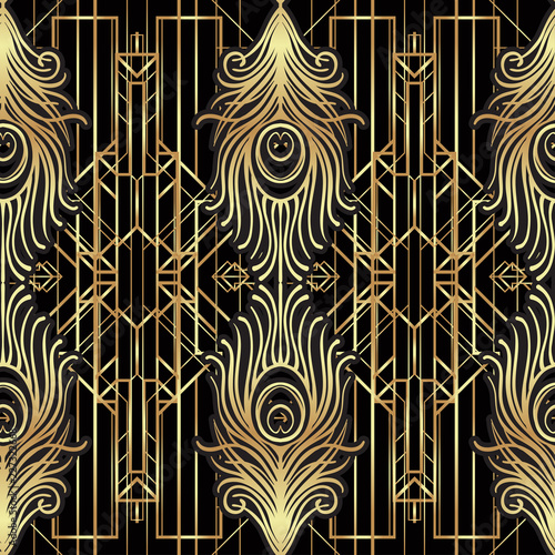 Art deco style geometric seamless pattern in black and gold. Vector illustration. Roaring 1920's design. Jazz era inspired . 20's. Vintage Fabric, textile, wrapping paper, wallpaper.