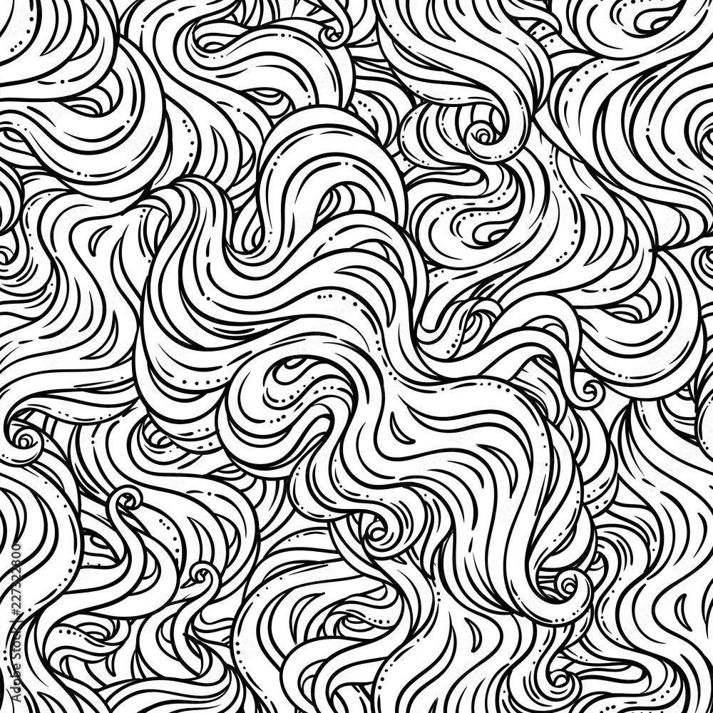 Vector abstract hand-drawn seamless pattern with waves and clouds.