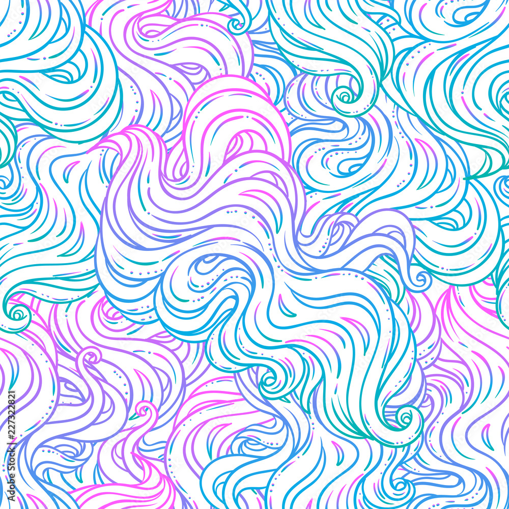 Vector abstract hand-drawn seamless pattern with waves and clouds.