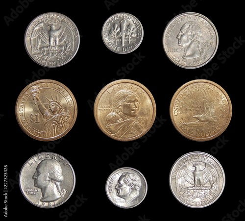 Collection of circulating coins of the USA (change coins of America) on a black background