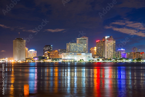 New Orleans skyline at twilight on Mississippi River in New Orleans  Louisiana  USA.