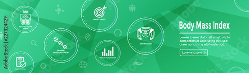BMI or Body Mass Index Icons with scale, indicator, & calculator