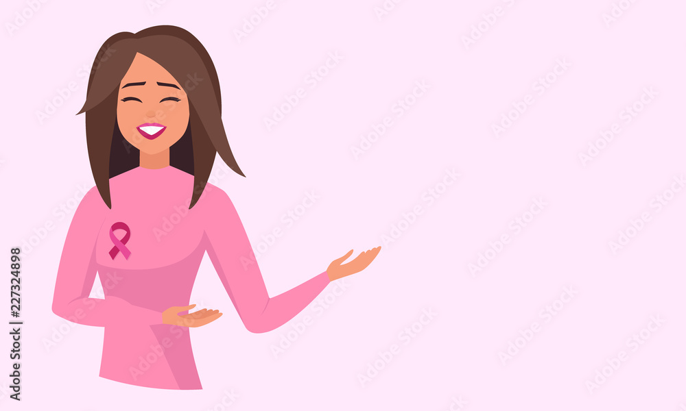 Happy Smiling Woman with Pink Ribbon. Vector Breast Cancer Awareness. National Breast Cancer Awareness Month. Vector Illustration isolated from background. girl recovered from breast cancer Happy Smiling Woman with Pink Ribbon. Vector Breast Cancer Awareness. National Breast Cancer Awareness Month. Vector Illustration isolated from background. girl recovered from breast cancer