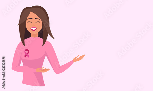 Happy Smiling Woman with Pink Ribbon. Vector Breast Cancer Awareness. National Breast Cancer Awareness Month. Vector Illustration isolated from background. girl recovered from breast cancer