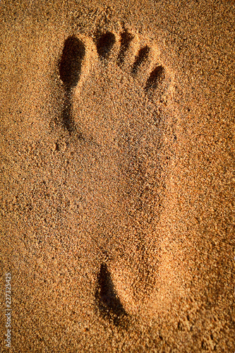 Single footprint in yellow sand on the beach as a symbol for recreation or vacation