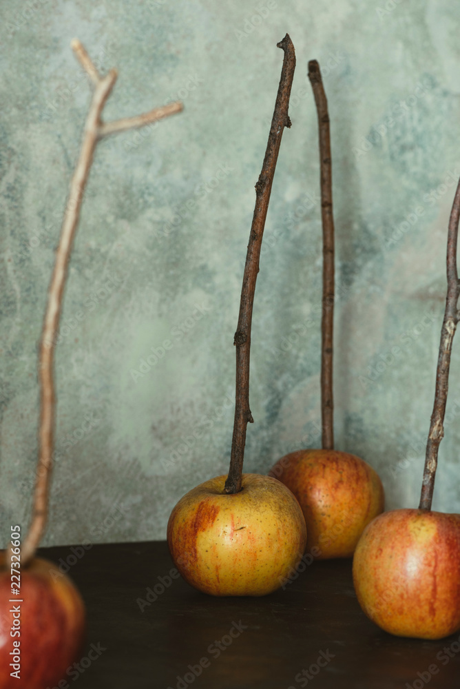 Red Apples: with Sticks In Them, Ready to Put Caramel on Red Apples: with Sticks In Them, Ready to Put Caramel on