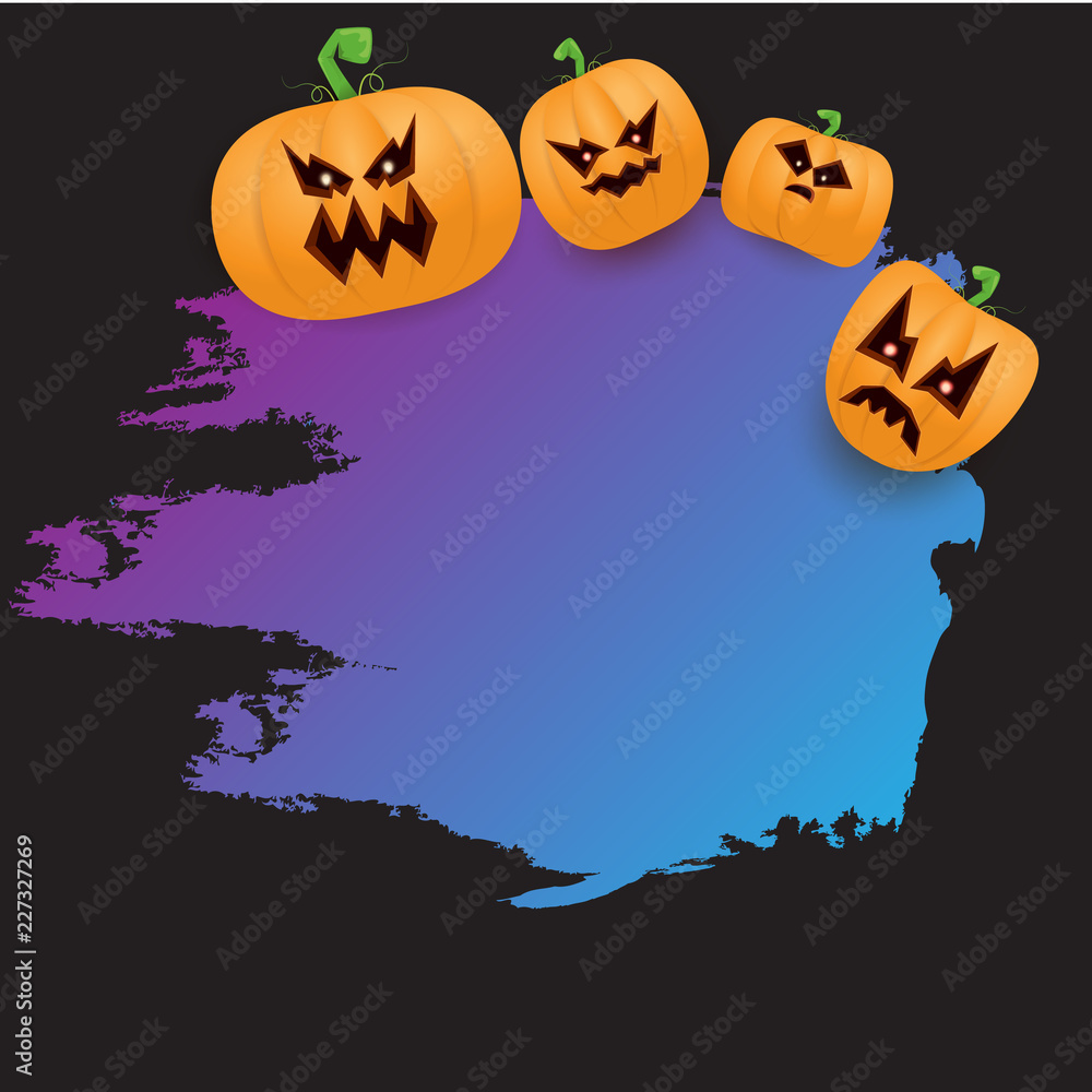 Halloween web violet grunge Banner or poster with Halloween scary pumpkins isolated on black background . Funky kids Halloween ultra violet banner with space for greeting text or sale