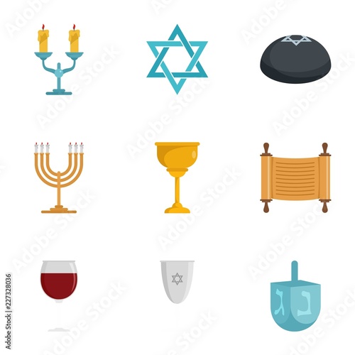 Jewish icon set. Flat set of 9 jewish vector icons for web design