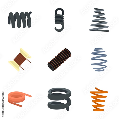 Coil spring icon set. Flat set of 9 coil spring vector icons for web design