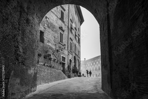 Gate in the Piazza del Seminario square, in the background the episcopal seminary of San Miniato village, Tuscany, Italy photo