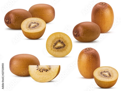 Collections yellow gold kiwi fruit cut in half, whole, slice